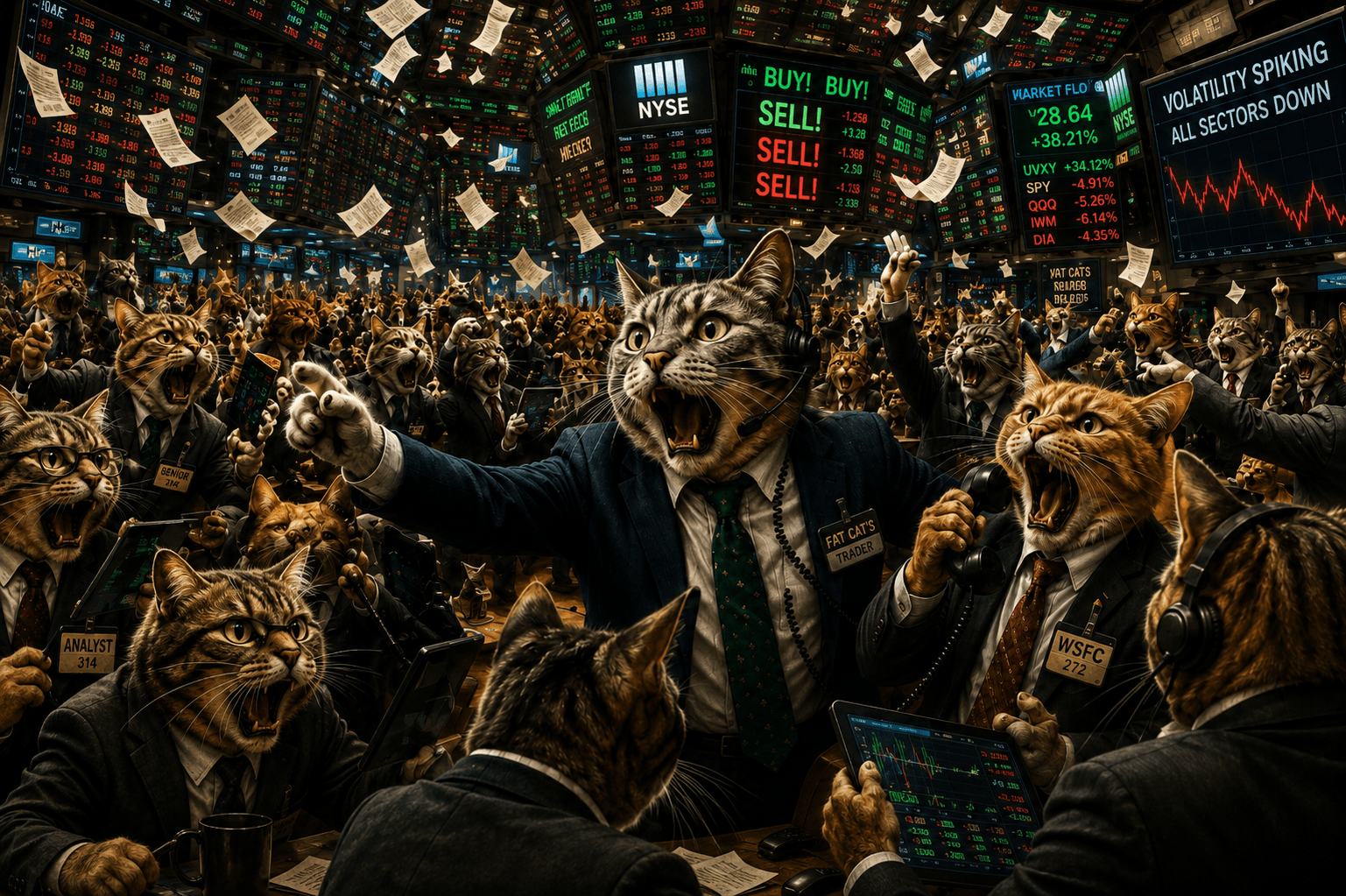 A cinematic stock exchange trading floor filled with anthropomorphic cats in tailored suits, surrounded by market screens and flying reports.